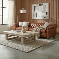 Coffee table in living room, leather sofa, contemporary decor