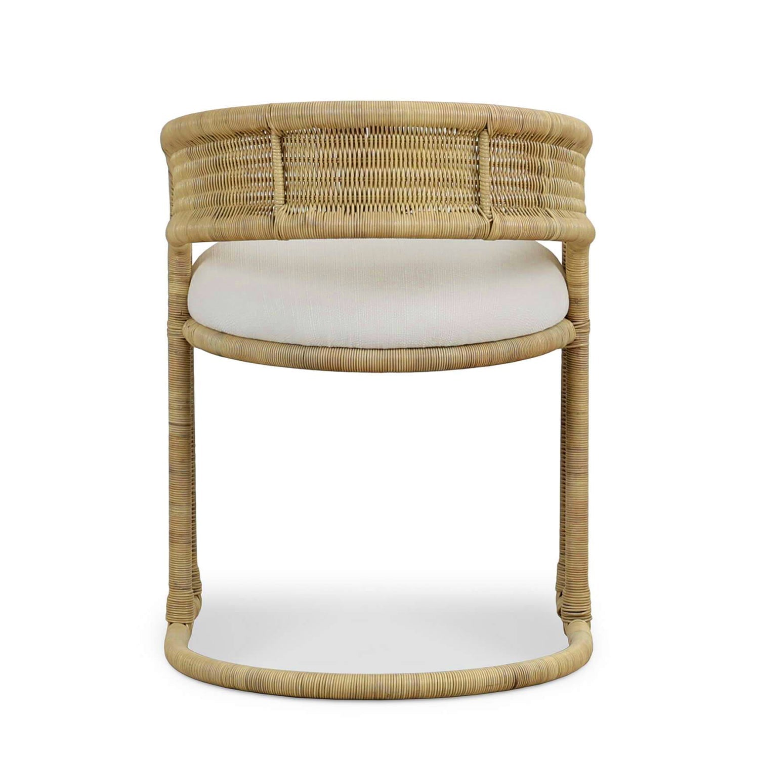 Rattan barrel dining chair rear view.