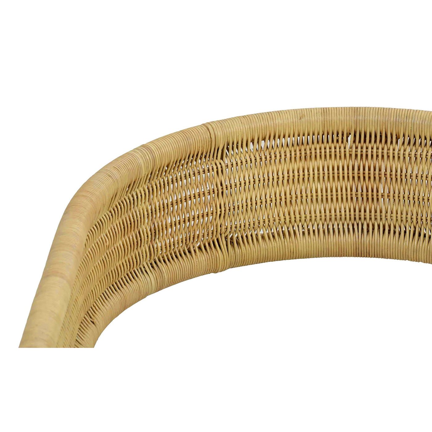 Rattan barrel dining chair curved back detail.
