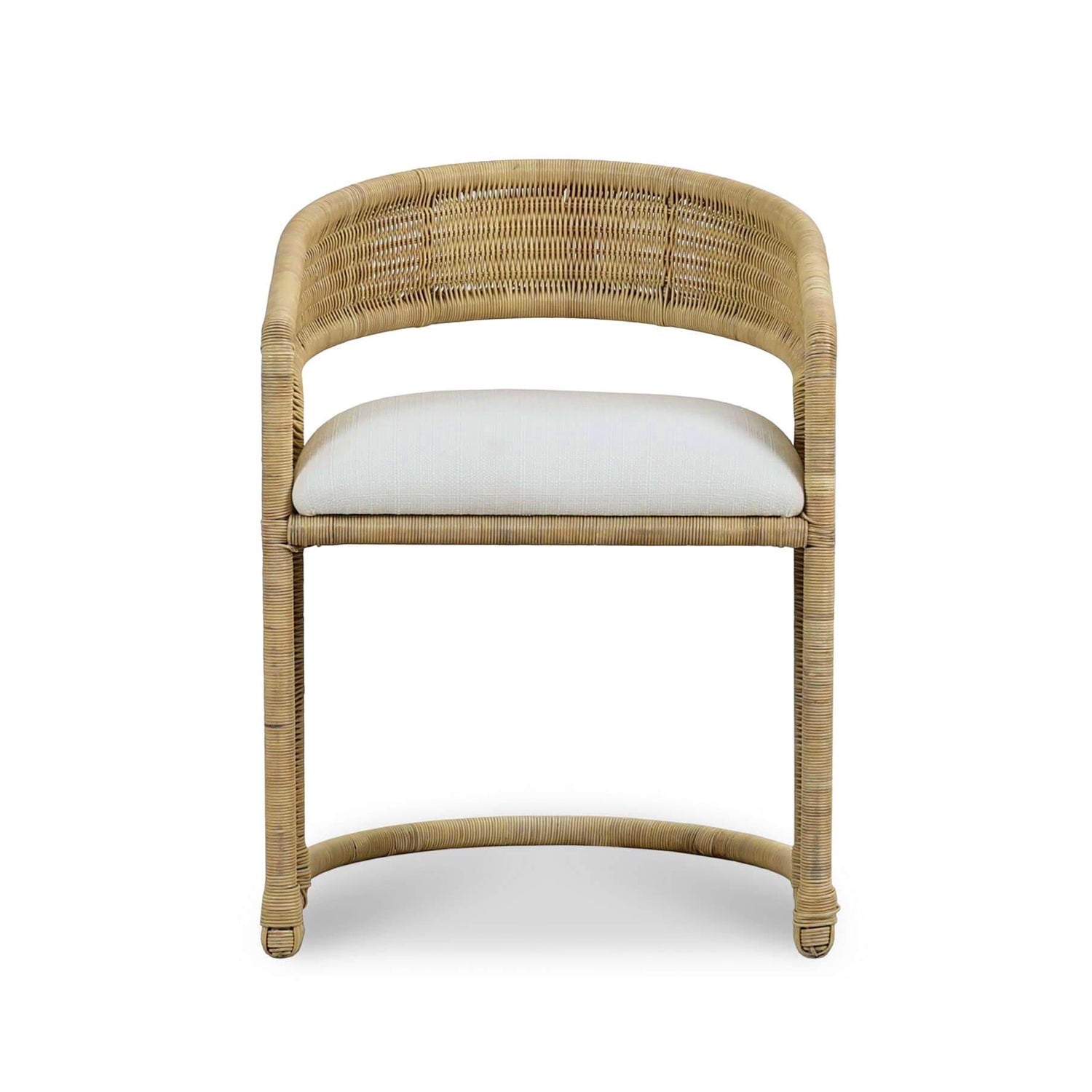 Rattan barrel dining chair front facing view.