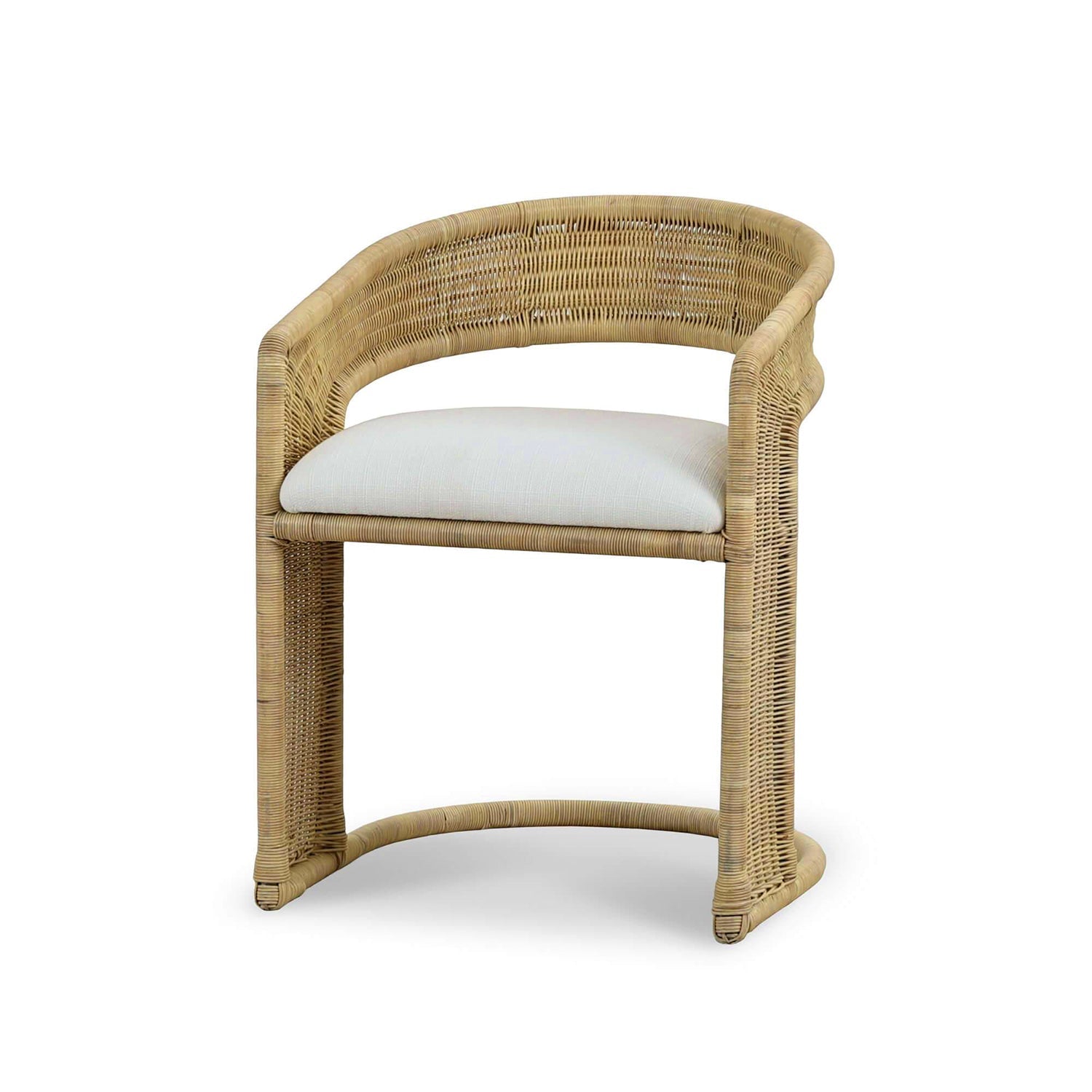 Rattan barrel dining chair front view.