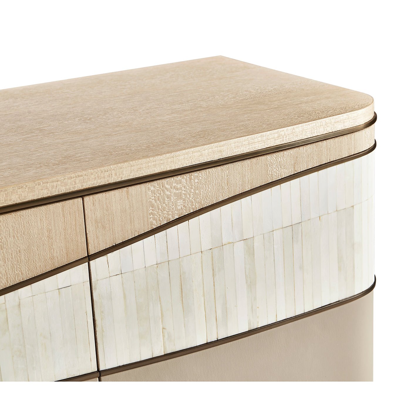 Top corner view of contemporary coastal sideboard surface.
