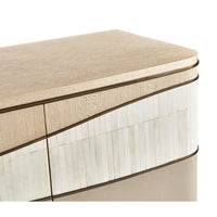 Top corner view of contemporary coastal sideboard surface.