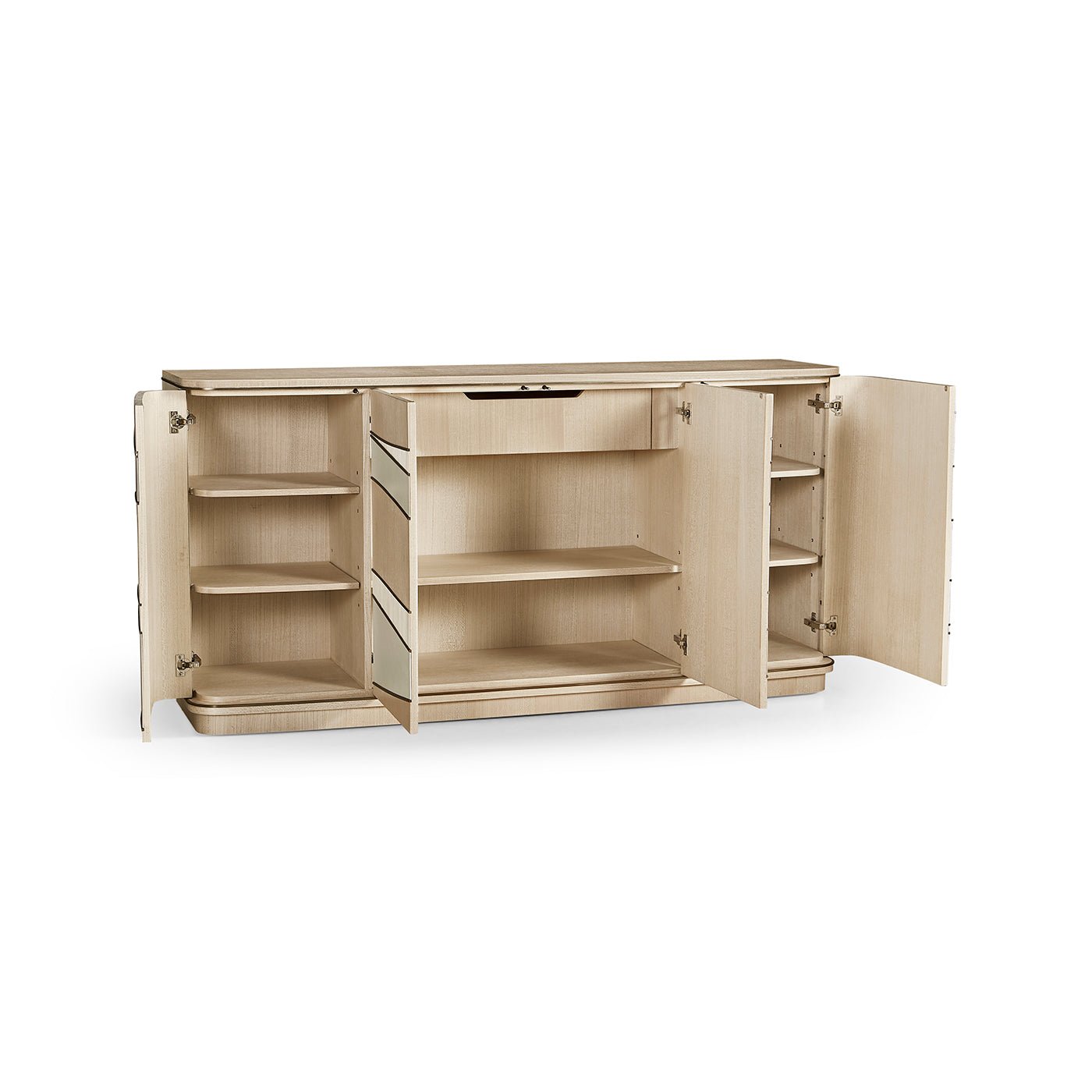 Open contemporary coastal sideboard displaying interior shelves.