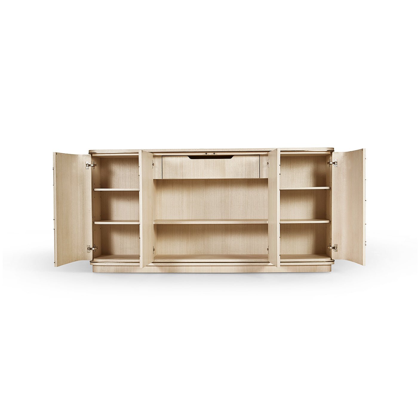 Interior of contemporary coastal sideboard with shelves open.