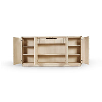 Interior of contemporary coastal sideboard with shelves open.
