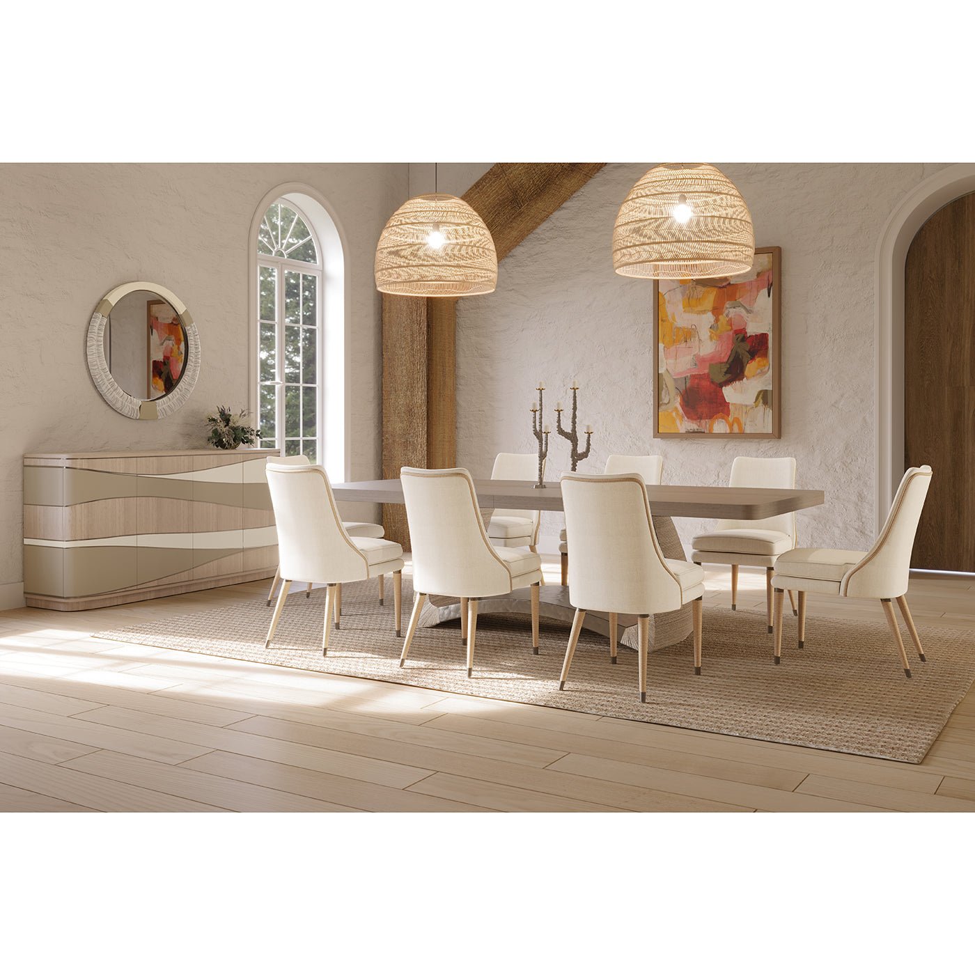 Contemporary coastal sideboard in elegant dining room setting.