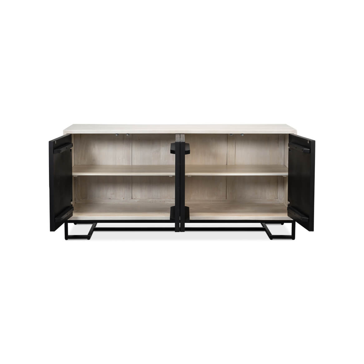 Open sideboard doors revealing interior shelves