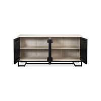Open sideboard doors revealing interior shelves
