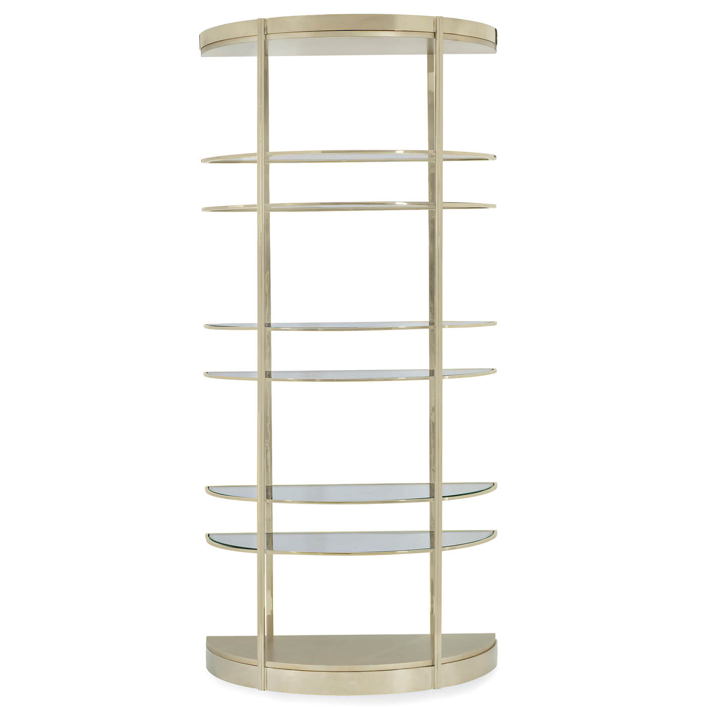 Front view of tall glass and brass etagere.