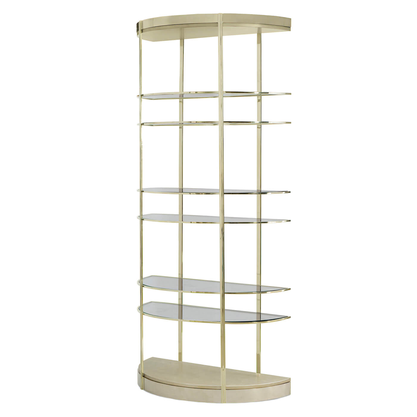 Brass half-moon etagere with glass shelves.
