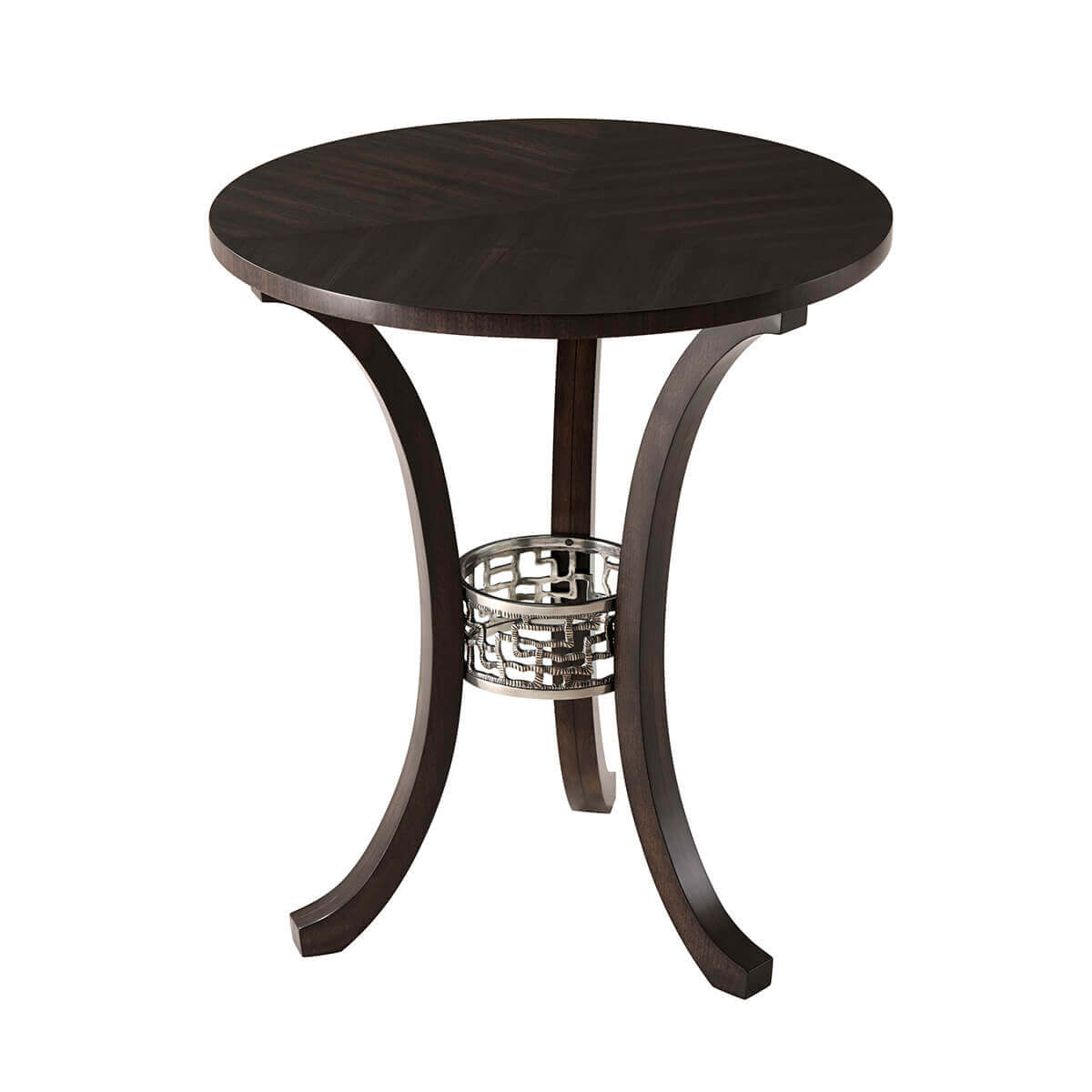 Dark wood round accent table with curved legs.