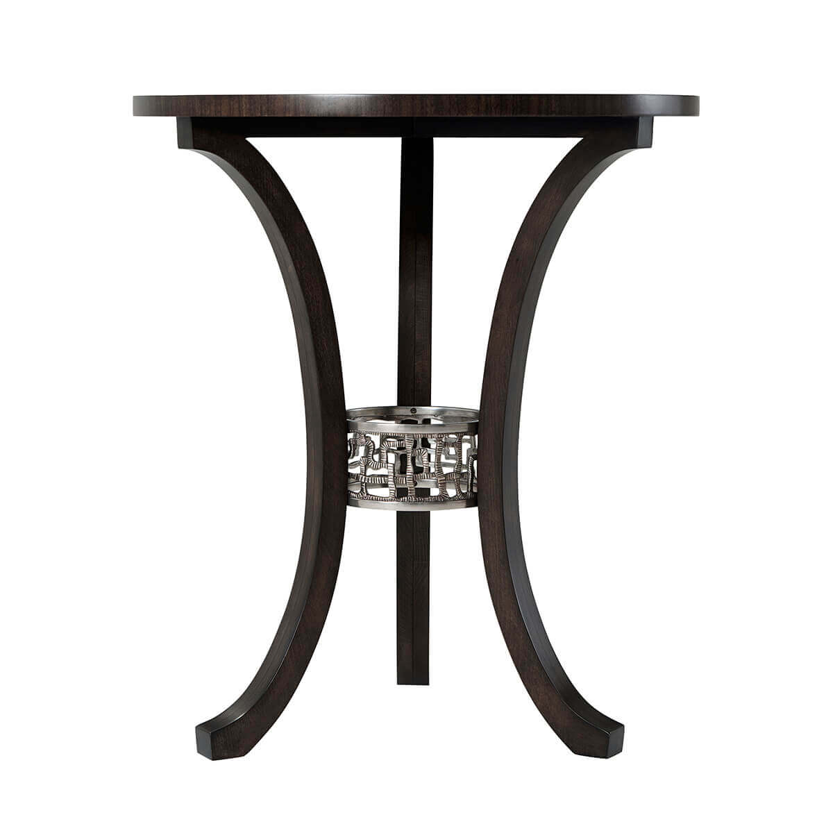 Side view of round accent table with intricate metal detail.