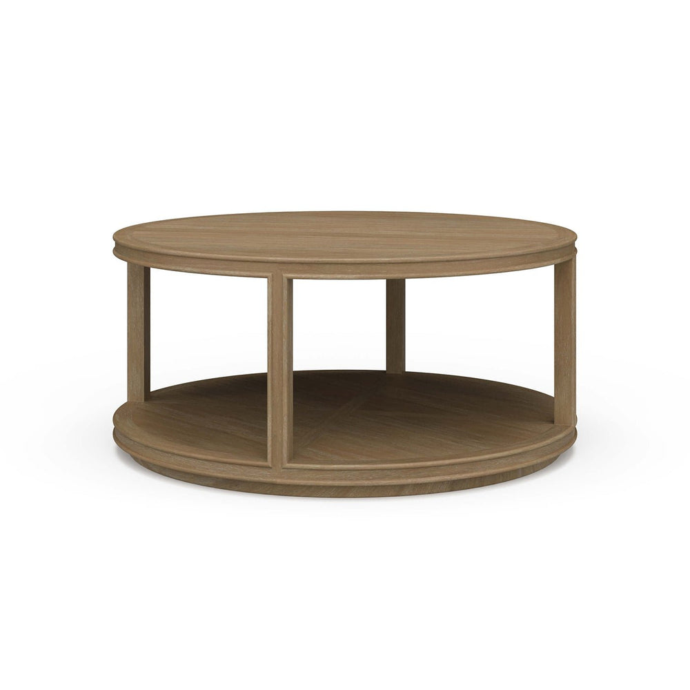 Round wooden coffee table, top view design.