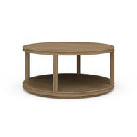 Round wooden coffee table, top view design.