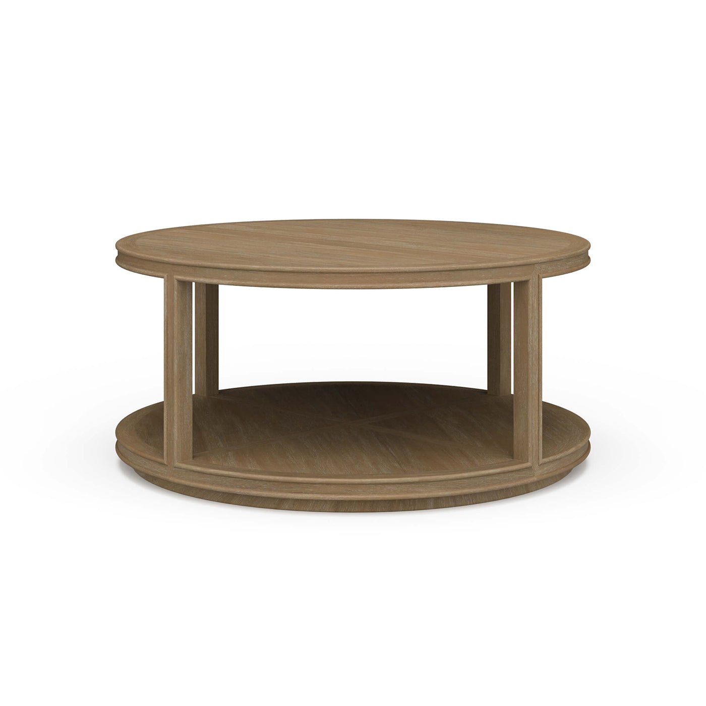 Round wooden coffee table, front perspective.