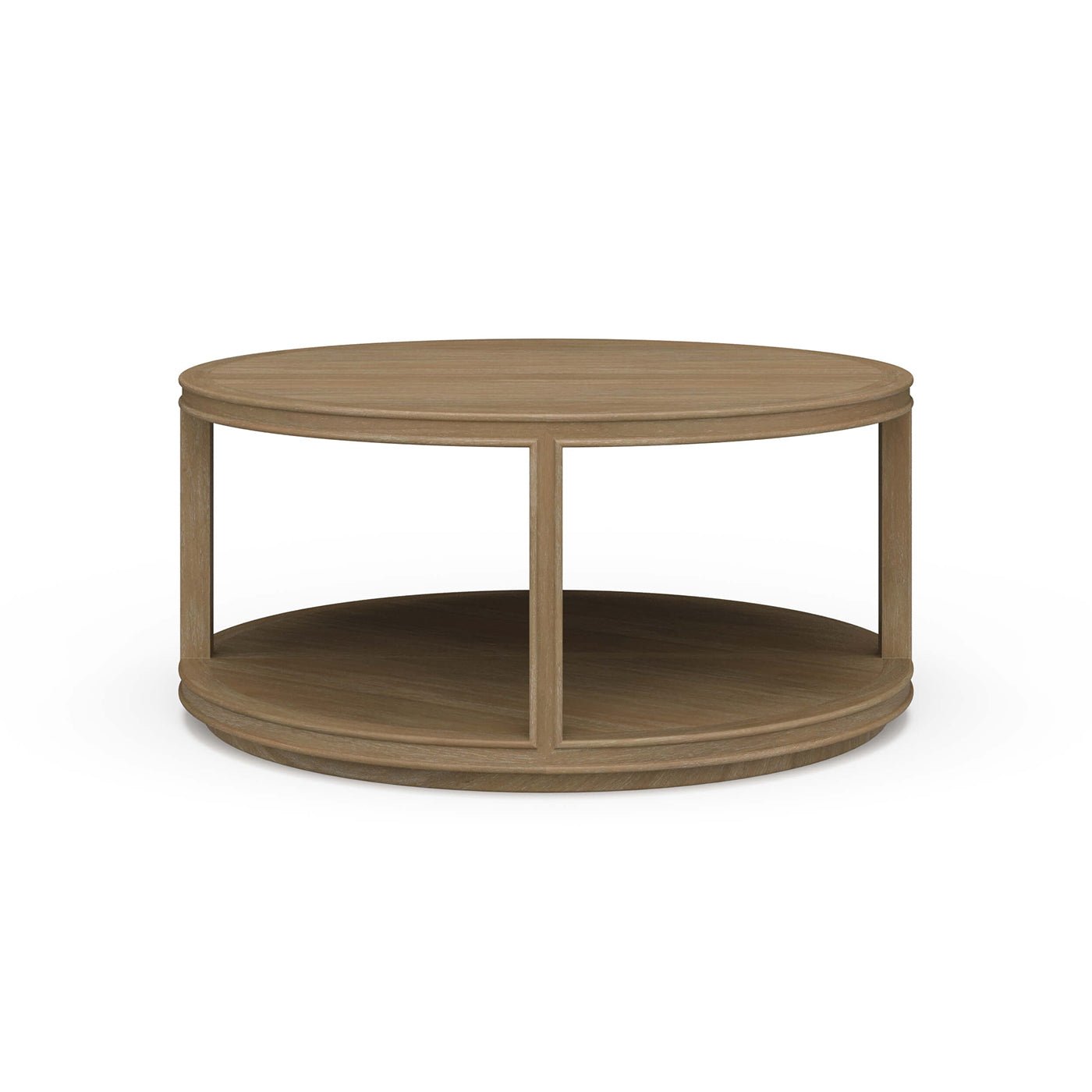 Round wooden coffee table, side view detail.