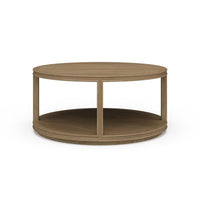 Round wooden coffee table, side view detail.