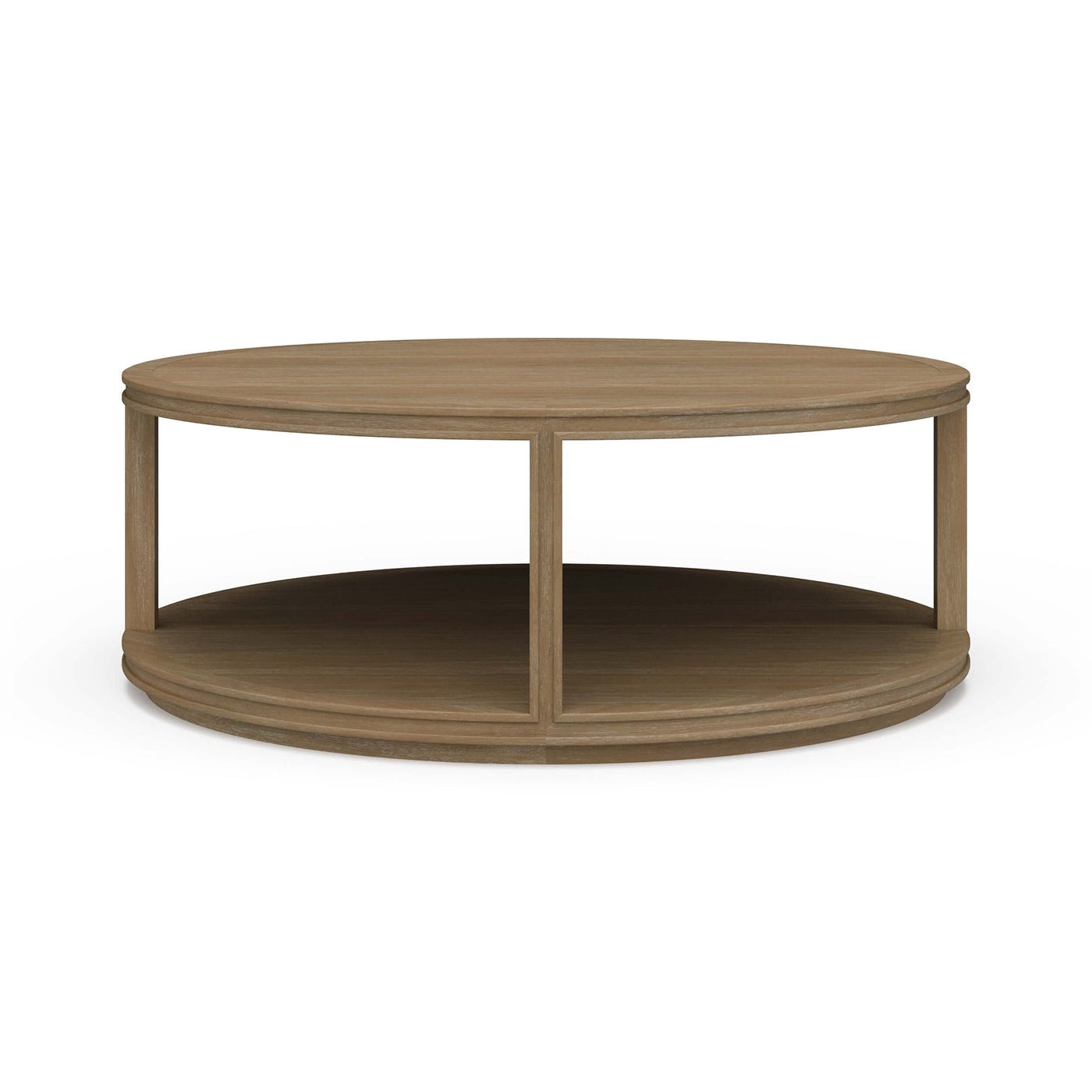 Round coffee table displaying detailed wood grain texture.