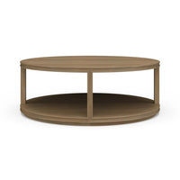 Round coffee table displaying detailed wood grain texture.