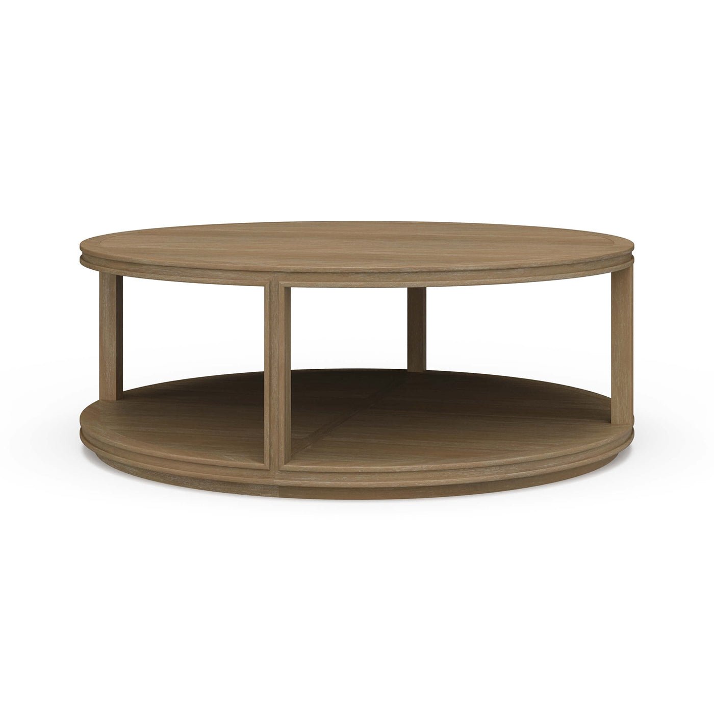 Round wooden coffee table front view with shelving.