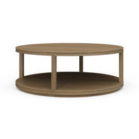 Round wooden coffee table front view with shelving.
