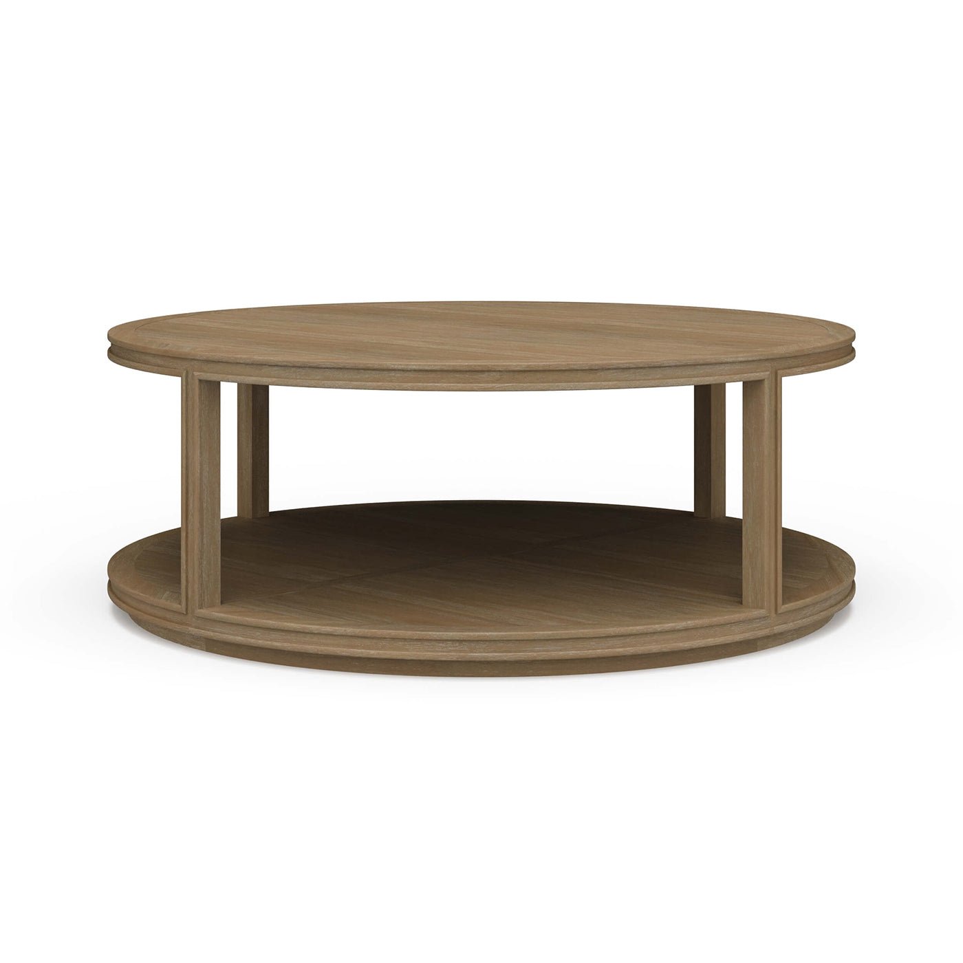 Side angle of modern round wooden coffee table.
