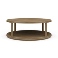 Side angle of modern round wooden coffee table.