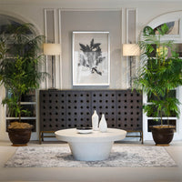 Contemporary round coffee table with rug and plants, interior decor.