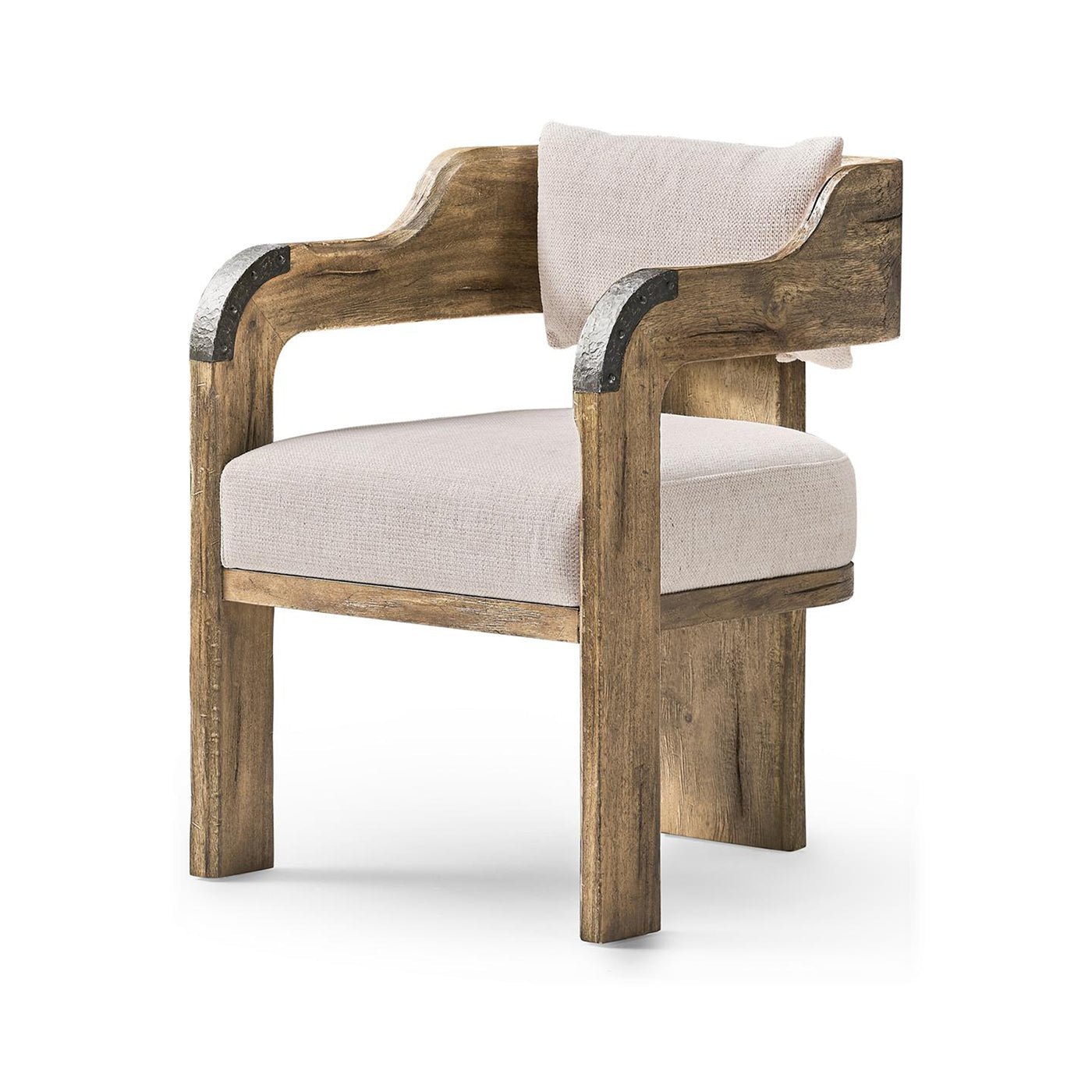 Rustic wooden armchair with light upholstery, front view.