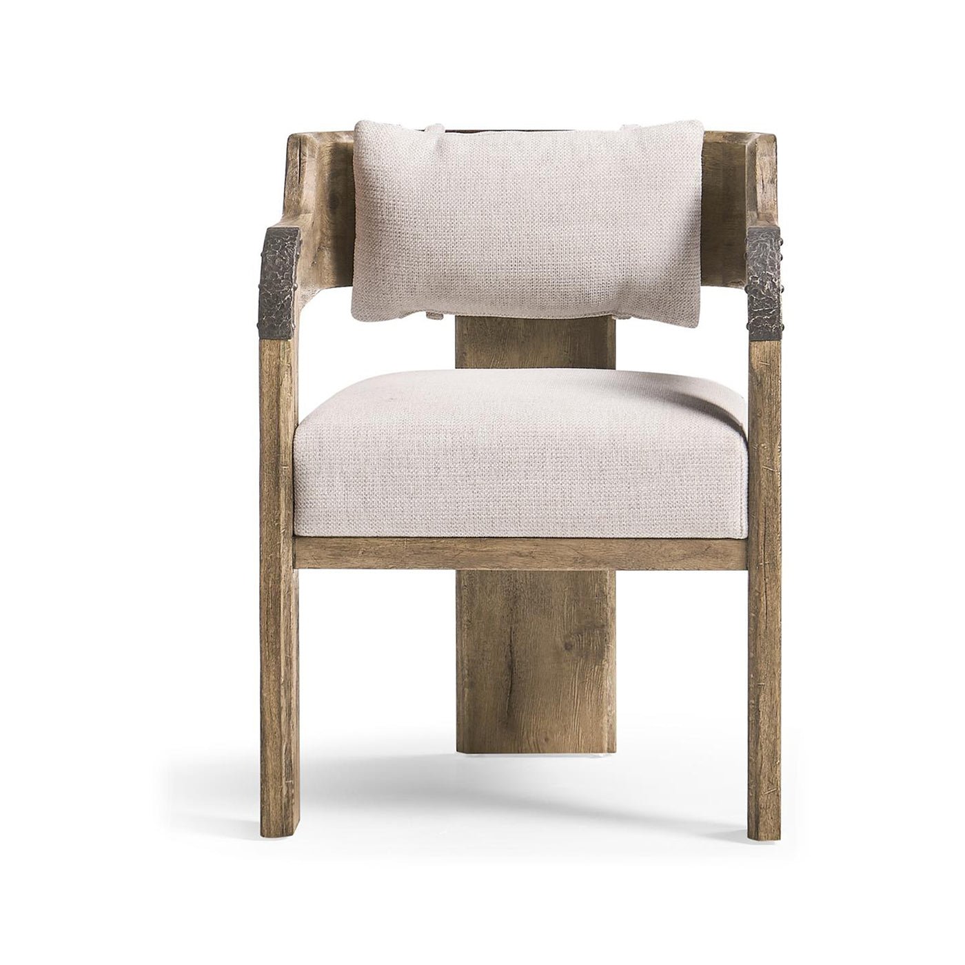 Front-facing view of rustic wooden armchair and cushion.