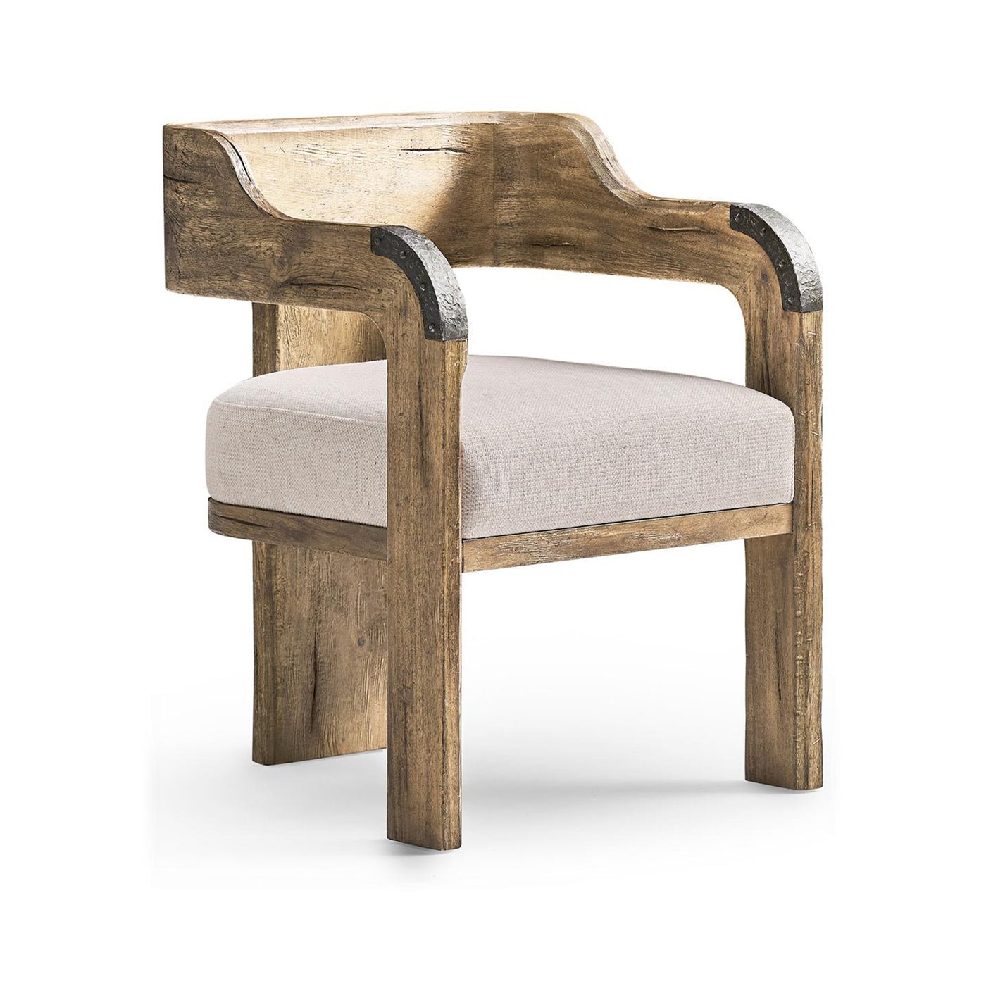 Wooden armchair with curved arms, side angle.