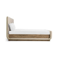 Side profile of contemporary upholstered CAL King bed.