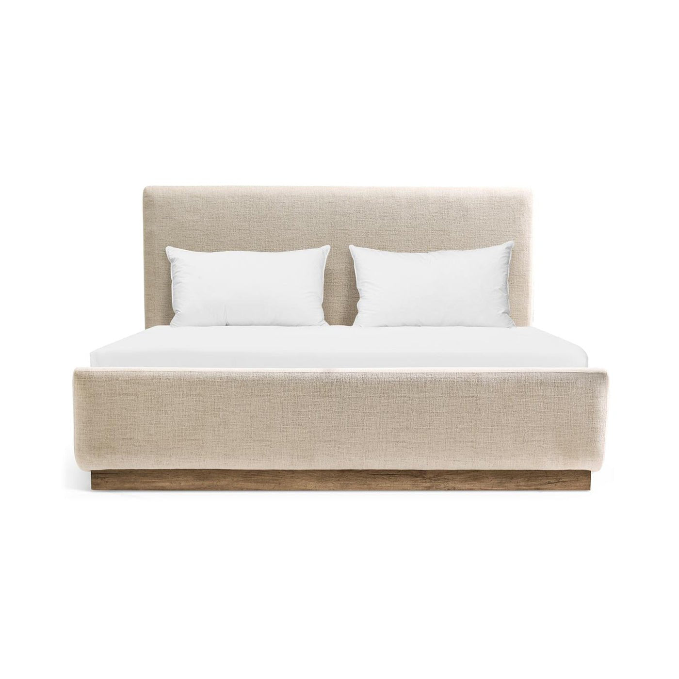 Front view of contemporary upholstered CAL King bed.