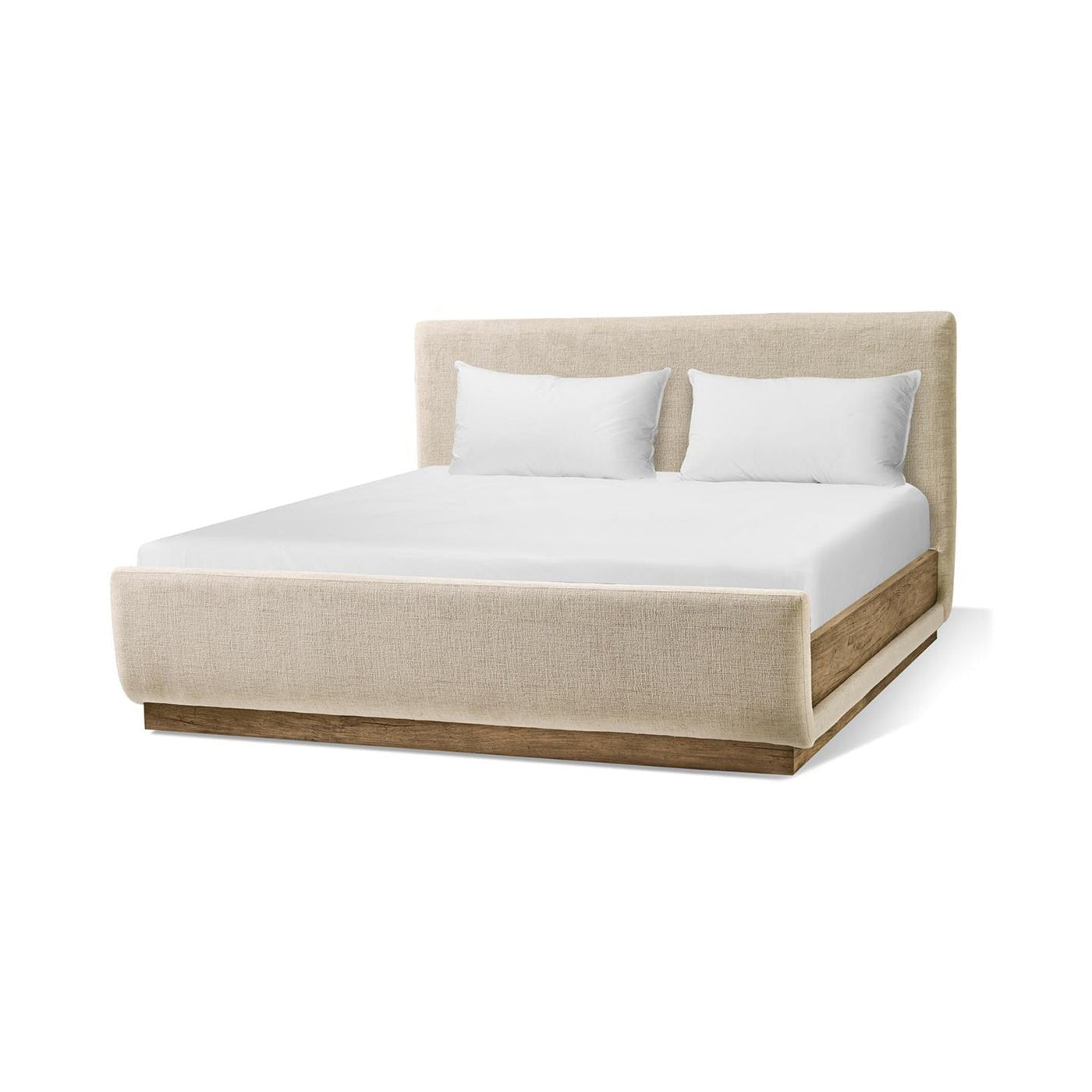 Contemporary upholstered king bed three-quarter front view.