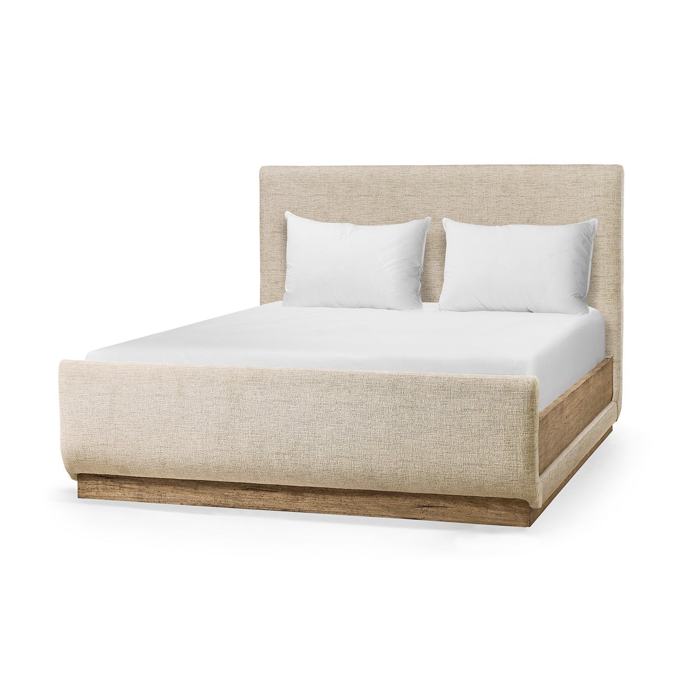 Contemporary upholstered queen bed, angle view, white bedding.