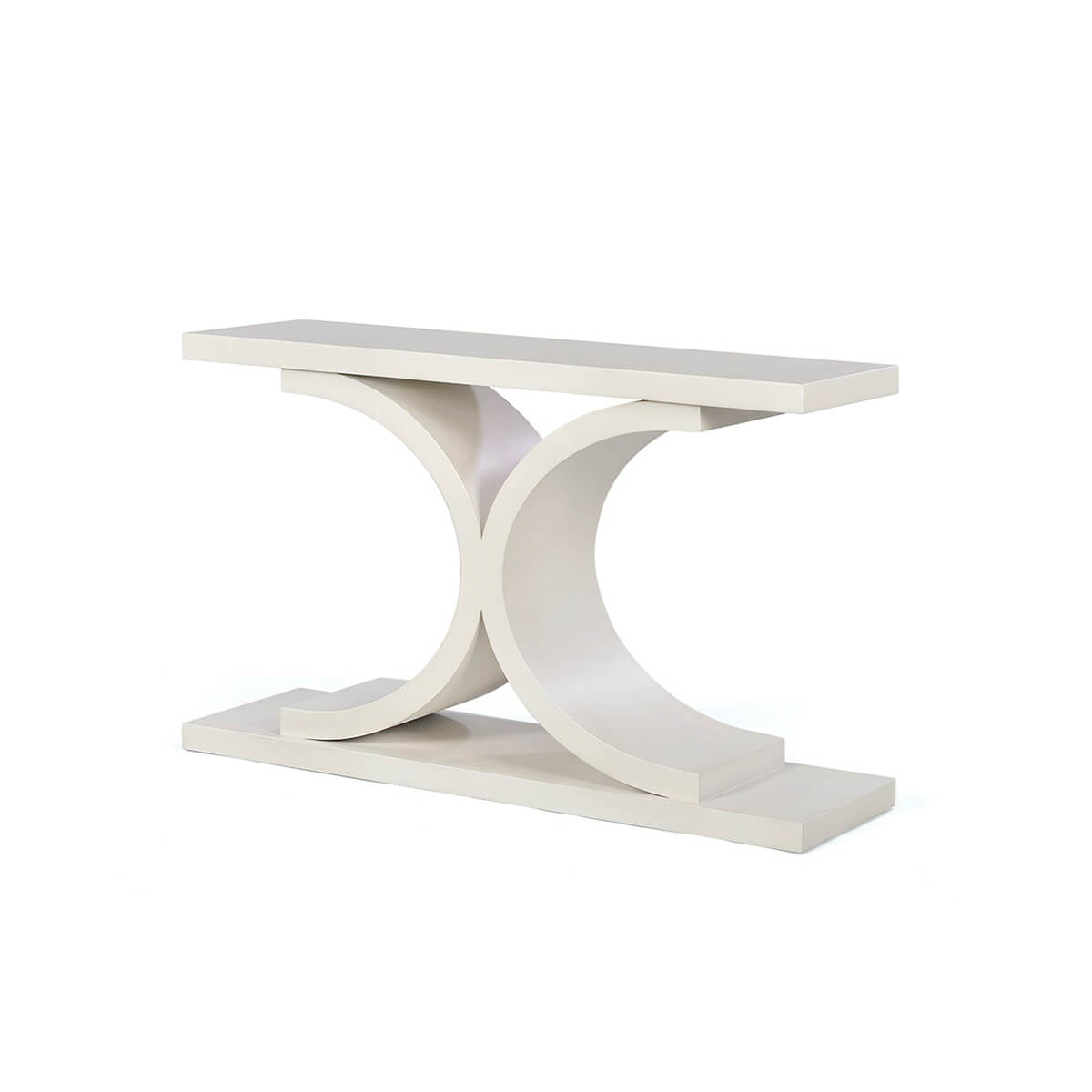 White painted console table with curved design, isolated view.