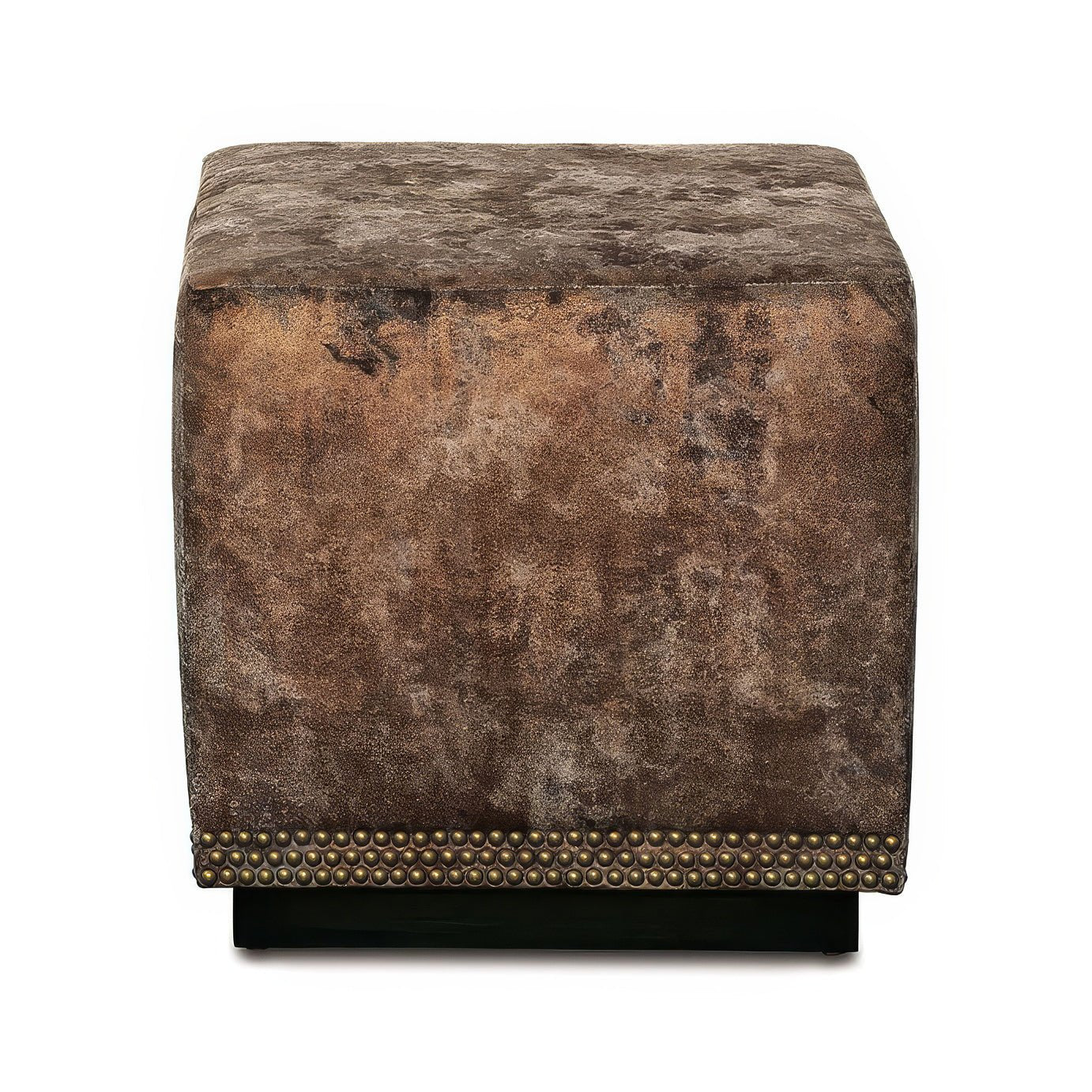 Front view of copper velvet cube ottoman with studs.