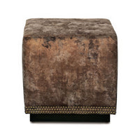 Front view of copper velvet cube ottoman with studs.