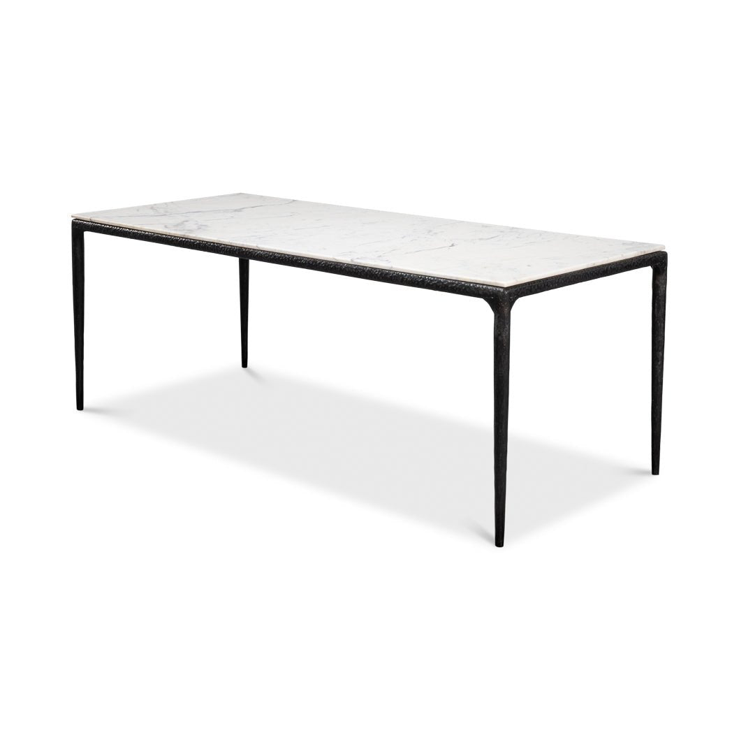 Side view of marble dining table, sleek design.