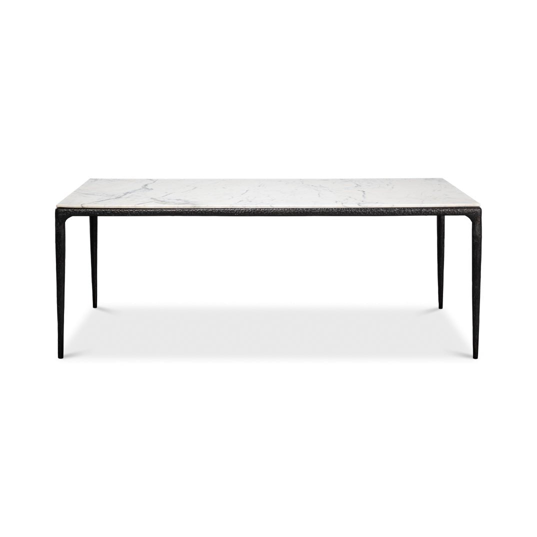 Front view of marble dining table, black legs.