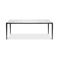 Front view of marble dining table, black legs.