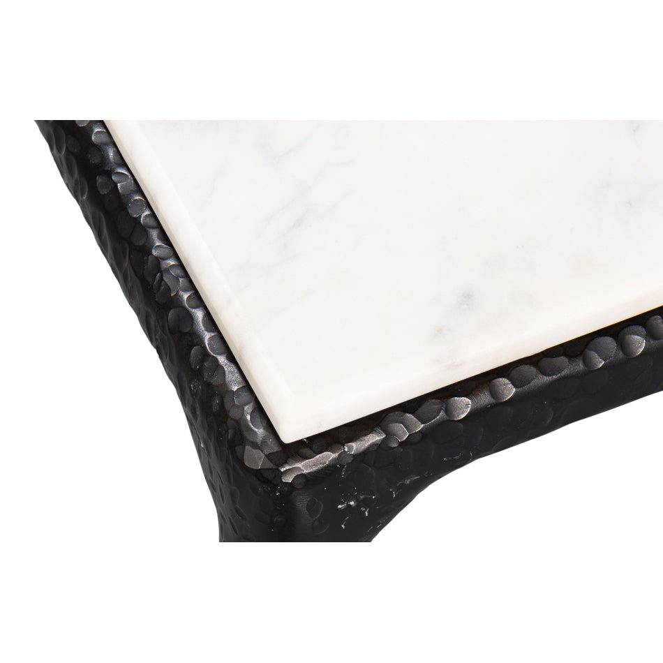 Corner detail of marble dining table, edge design.