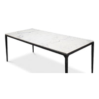 Angled top view of marble dining table.