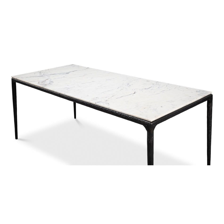 Angled top view of marble dining table.