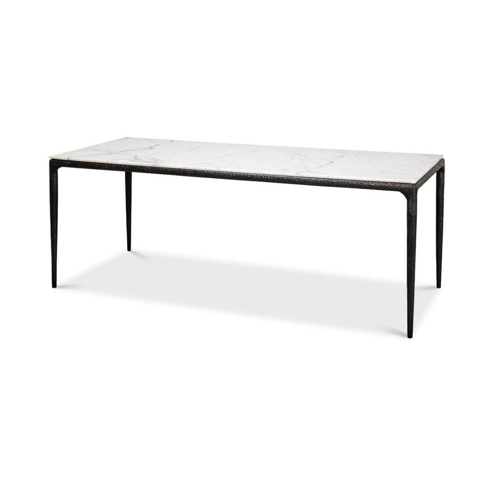 Marble dining table, angled view, black legs visible.
