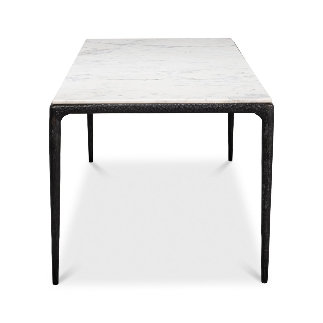 End view of marble dining table, black frame.