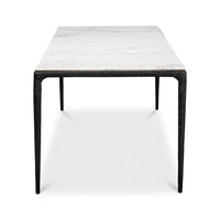 End view of marble dining table, black frame.