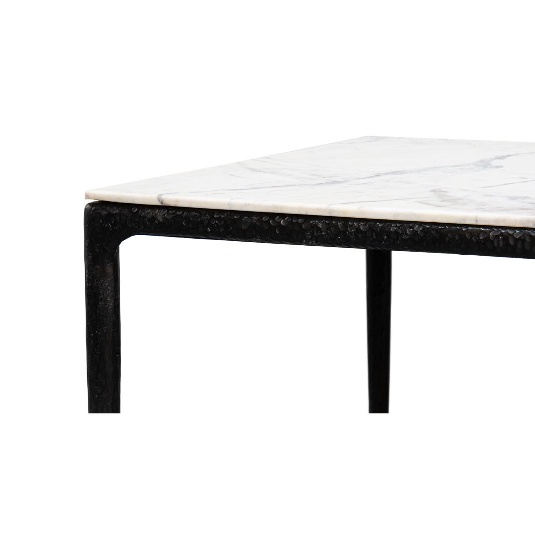 Corner view of marble dining table, thin profile.