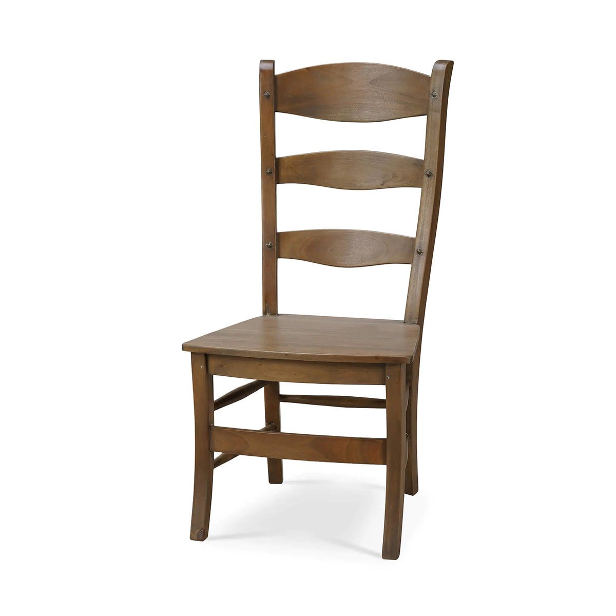 Three-quarter view of wooden ladder back dining chair.